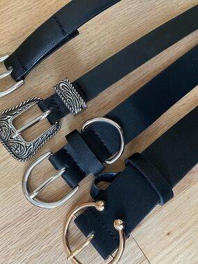 4 Black Leather Belts with Mixed Metal Buckles
